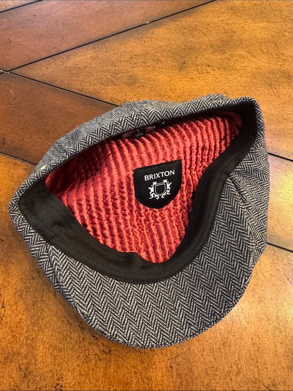 Brixton Gray Herringbone Newsboy Cap with Red Quilted Lining